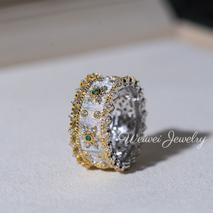 意大利布家手工拉丝宫廷太阳花宽版重工戒指镶钻气质祖母绿S925银