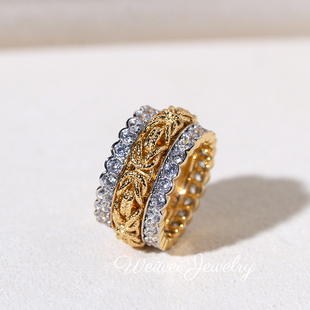 925银镀金可转动重工编织戒指镶钻优雅古典小众感金色戒指指环女