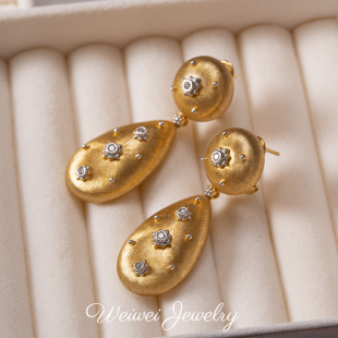 小众复古意大利精工拉丝工艺s925银镀Ｋ金大水滴镶钻长款 耳环耳坠