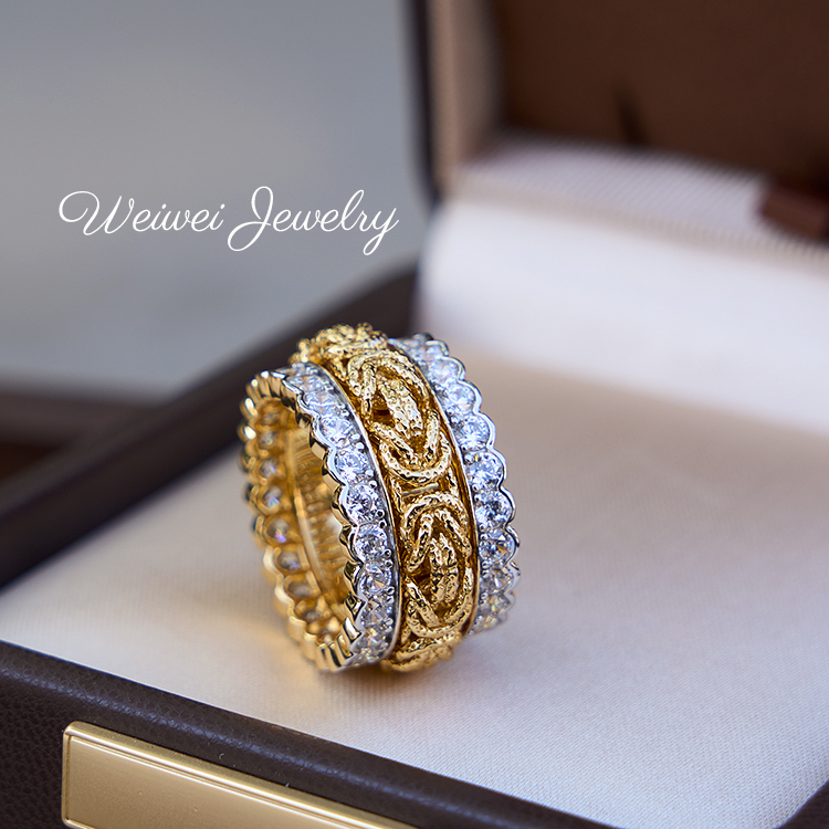 925银镀金可转动重工编织戒指