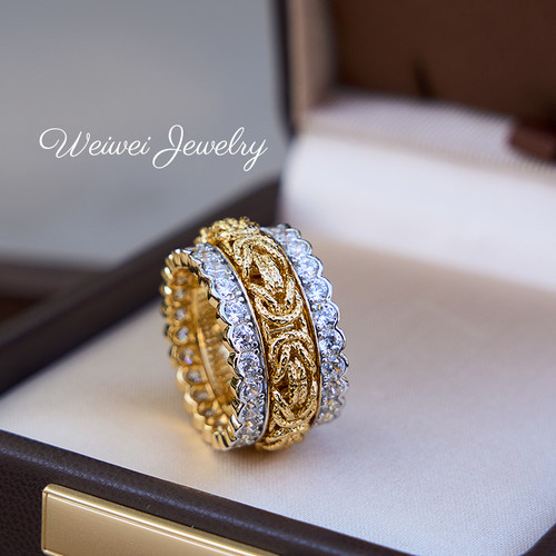 925银镀金可转动重工编织戒指