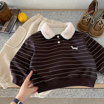 儿童毛毛领加绒条纹卫衣男女童