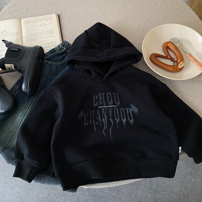 小童卡通黑色加绒卫衣男女童