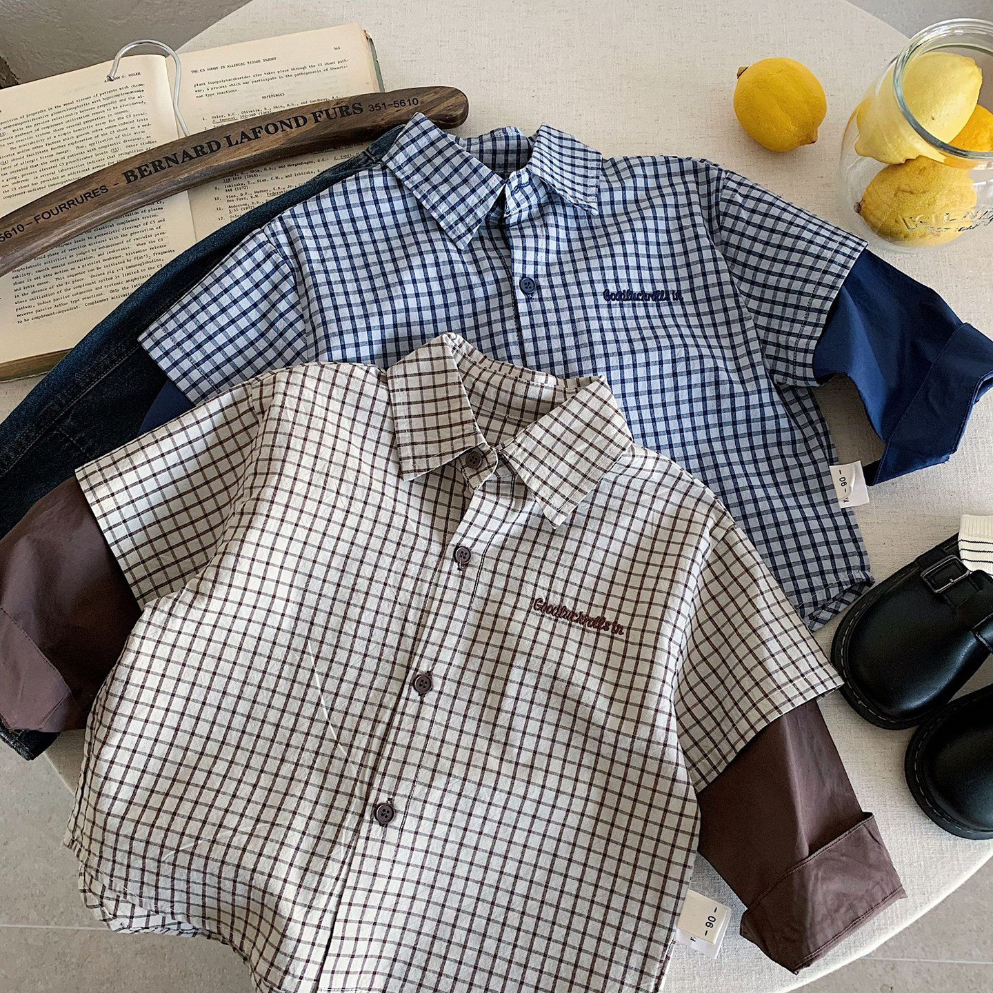 小童韩范格子长袖衬衫男女童2026春秋装宝宝假两件衬衣儿童外套潮