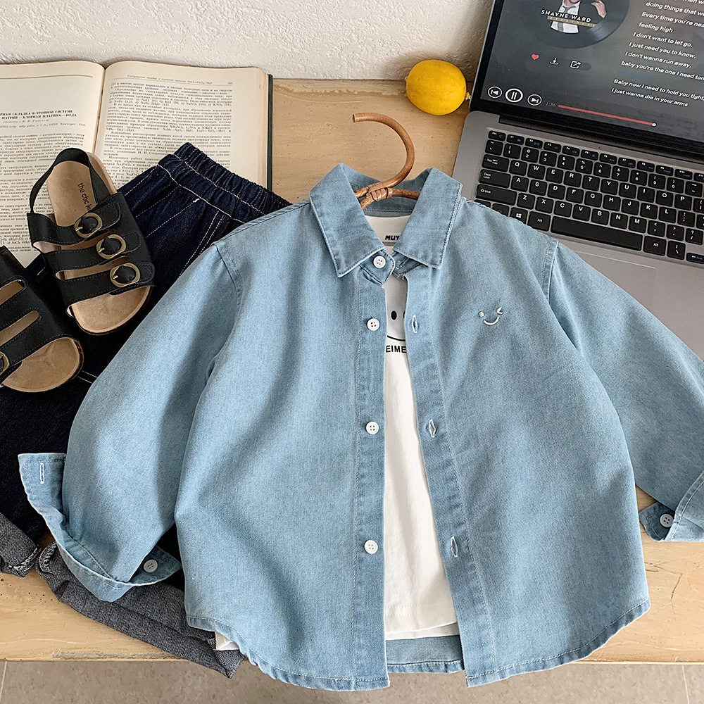 小童韩范宽松长袖牛仔衬衫男女童2026春秋装宝宝衬衫儿童百搭外套