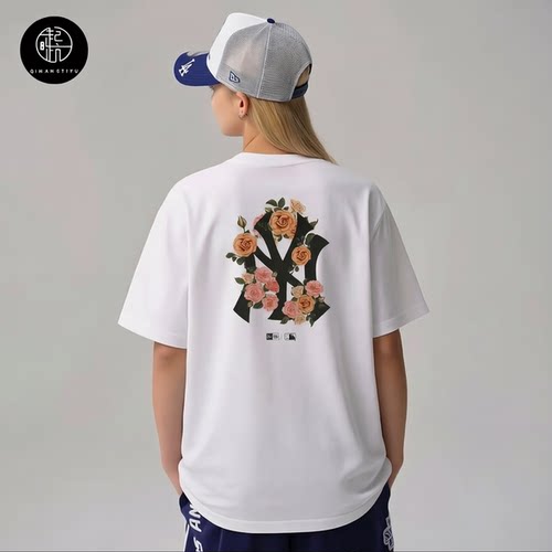 New Era纽亦华联名MLB花卉纽约洋基队情侣后背NY印花短袖T恤