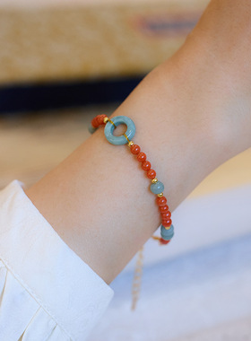 天然南红玛瑙手链女翡翠平安扣高级设计感中式复古国风夏季手链