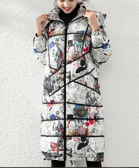 欧洲站冬季新款鹅绒印花羽绒服女气质连帽双面穿长款过膝羽绒外套