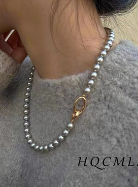 真多麻银灰色强光正圆珍珠项链