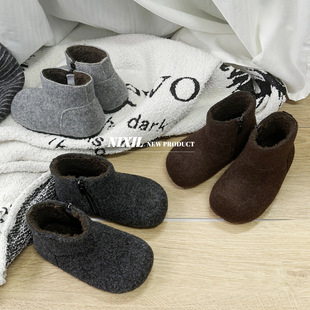 韩版女童纯色保暖毛毛靴2025冬季新款儿童绒面软底短靴宝宝棉靴子