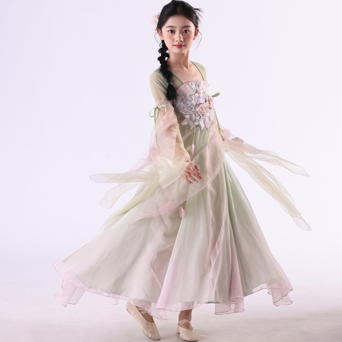 儿童中国舞练功服浅绿粉渐变立体花纱裙身韵课舞台表演飘逸舞蹈服