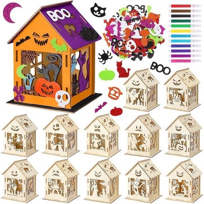 Halloween Wooden Pumpkin House Luminous Cottage Colorful Woo