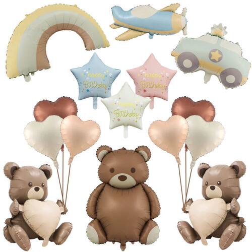 Big Matte Brown Bear Foil Balloons Cartoon Rainbow Plane Car