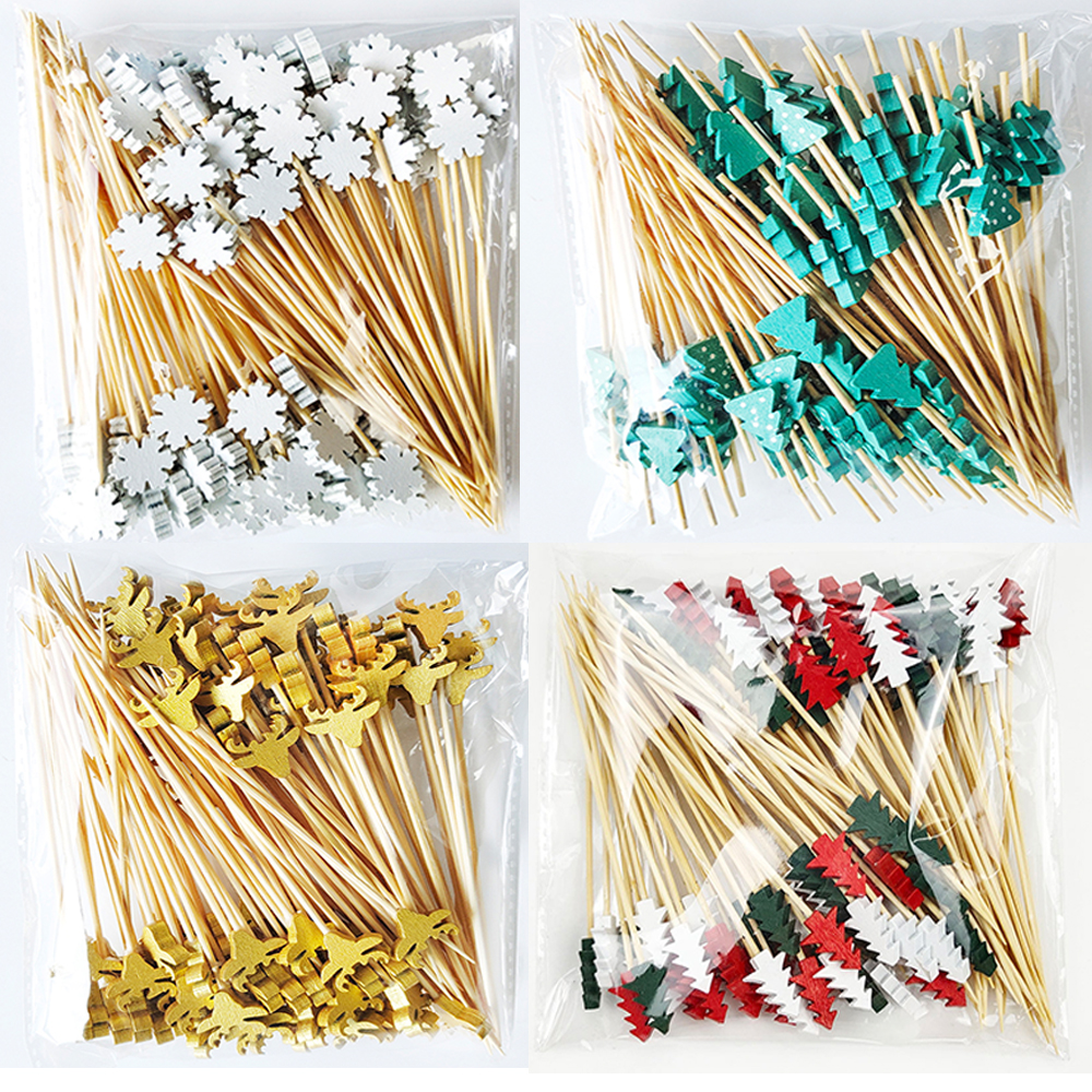 100Pcs Christmas Disposable Bamboo Skewers Food Picks Fruit