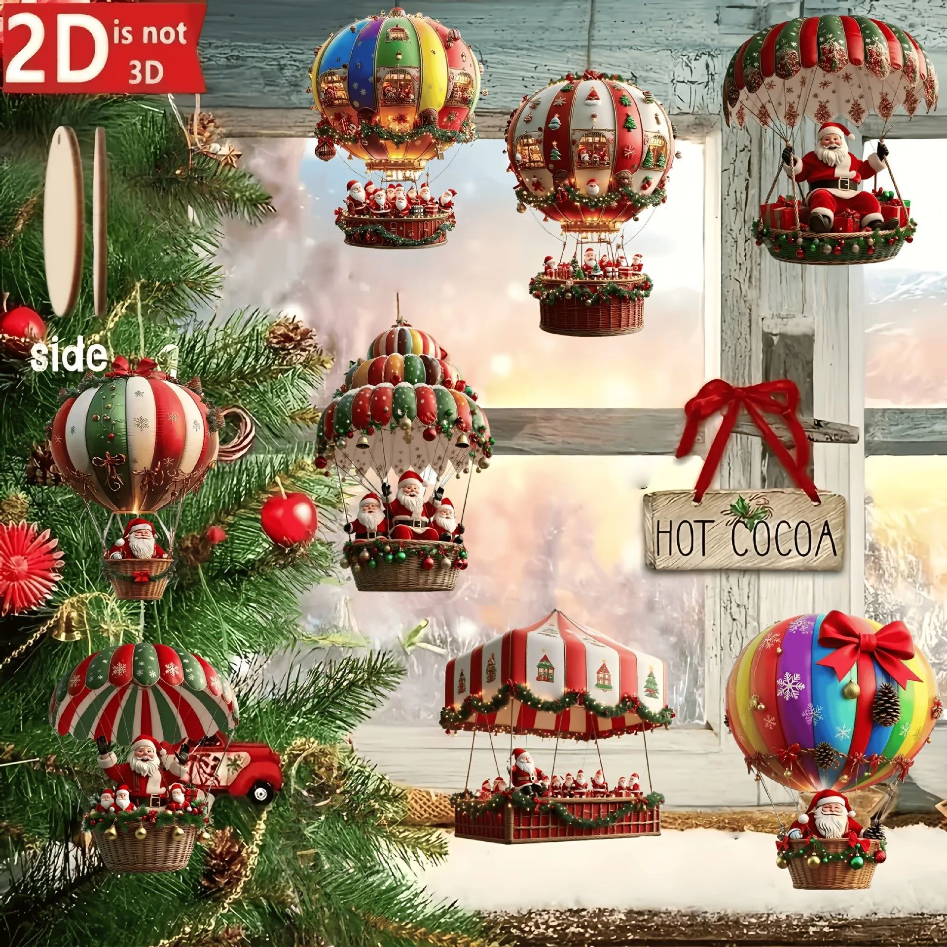 10PCS Christmas Ornaments 2D Flat Hot Air Balloon Santa Clau
