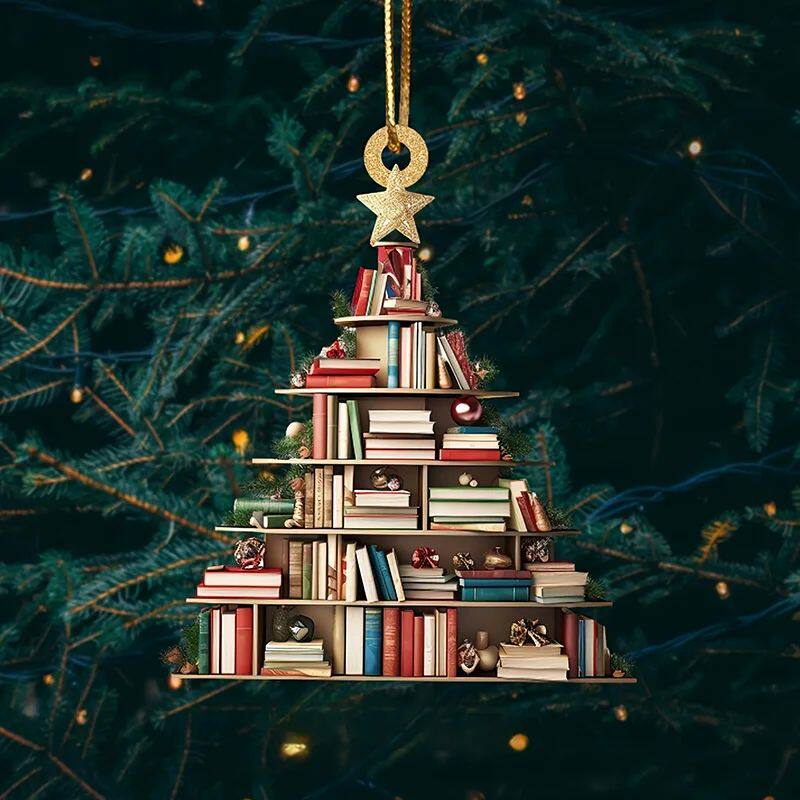 2D Bookshelf Christmas Pendant Flat Printing Book Dogs Drop