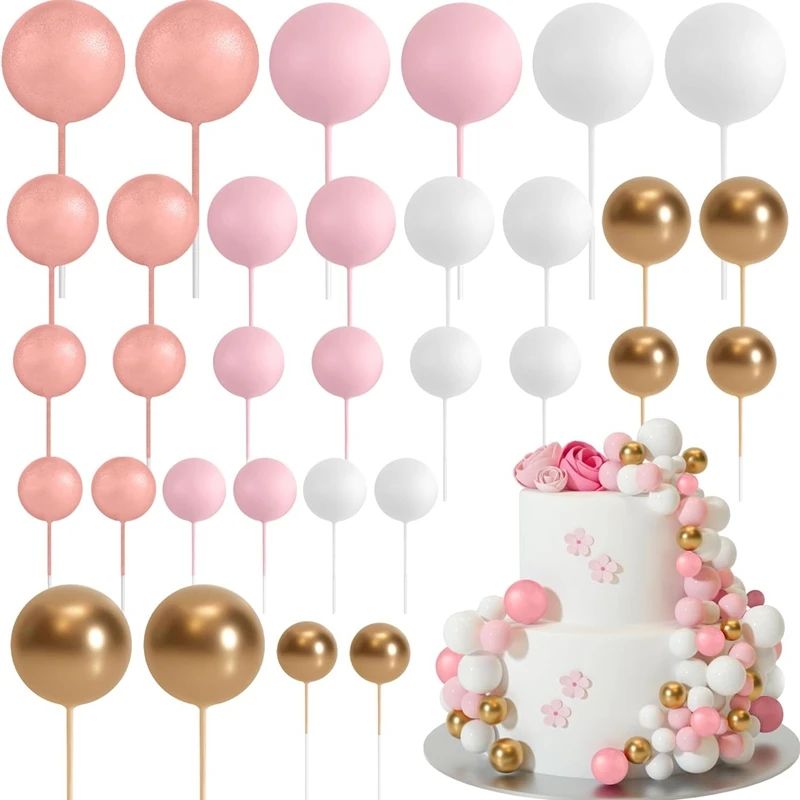 20Pcs Cake Topper Gold Silver Ball Happy Birthday Cake Toppe