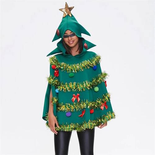 Christmas Tree Poncho Costume Adults Women Men Bow Ball Deco