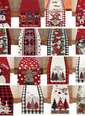 Christmas Linen Table Runner Santa Printed Tablecloth Kitche