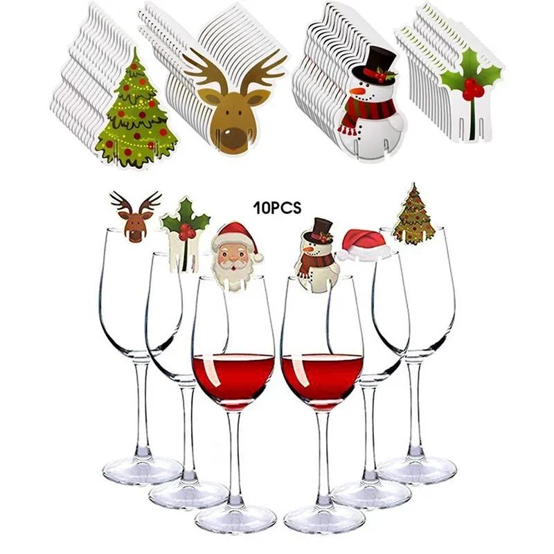 10pc/set Wine Cup Card Christmas Decor Santa Hat Glass Decor