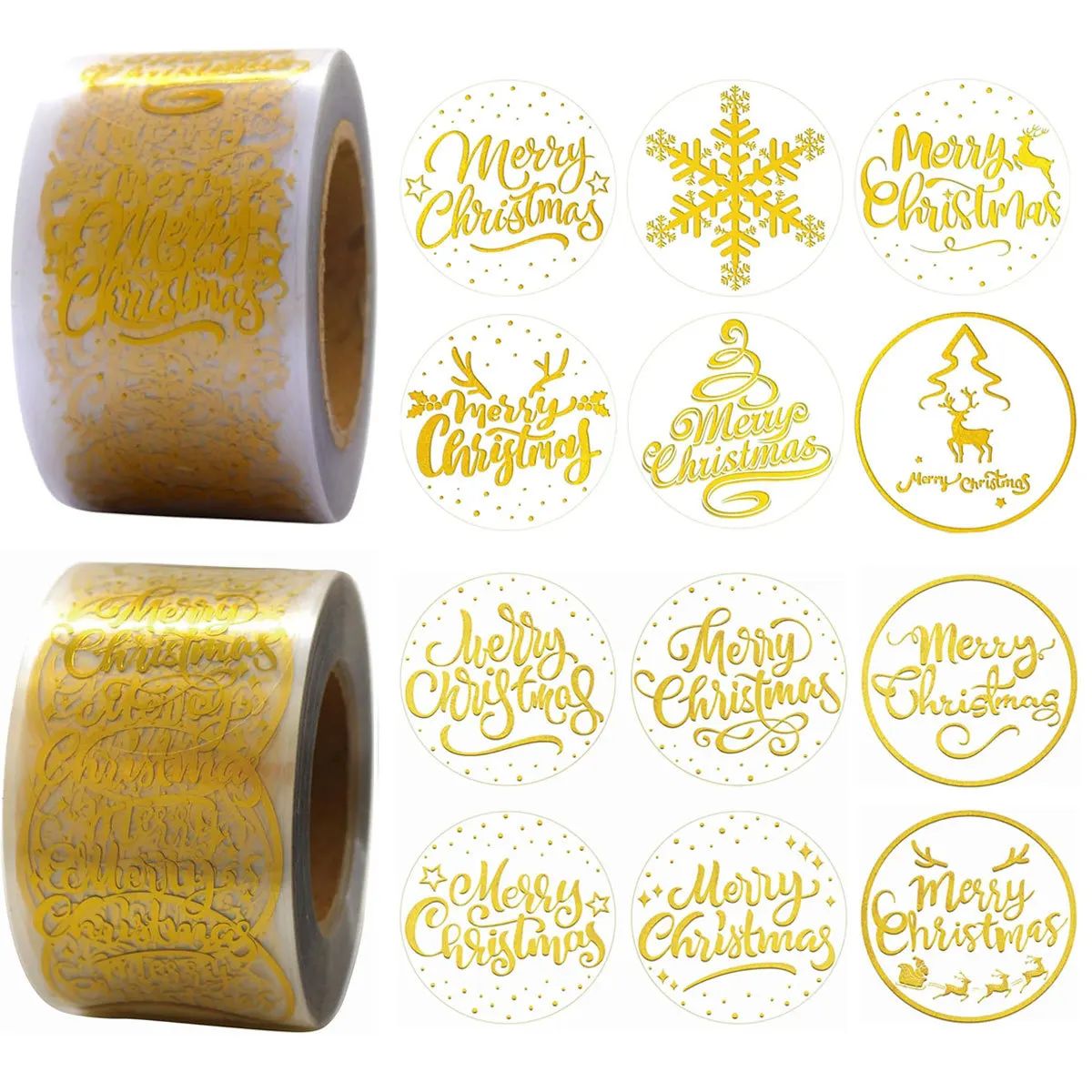500Pcs Per Roll Gold Foil Transparent Merry Christmas Sticke