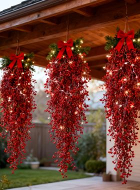 3pcs Artificial Hanging Plants Garland Plastic Red Ferns Fak
