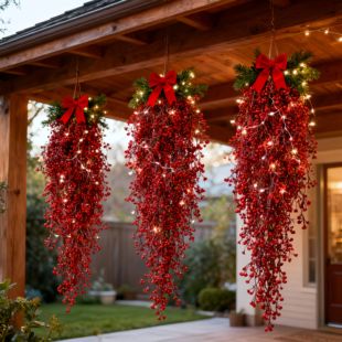 3pcs Artificial Hanging Plants Garland Plastic Red Ferns Fak