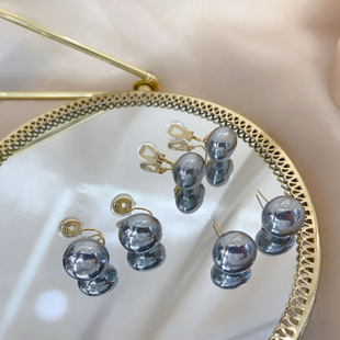 原创设计大颗灰珍珠耳夹无耳洞手工耳环女小众高级感气质无洞高级