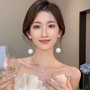 长款大珍珠耳饰耳环2026新款爆款高级感白色流苏吊坠无耳洞耳夹女