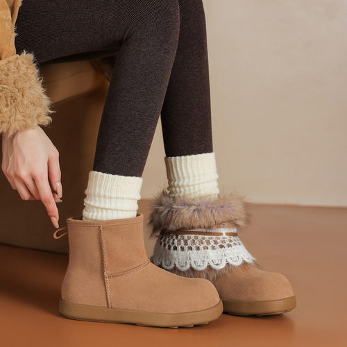圆头粗跟橡胶冬季人造长毛绒时尚雪地靴