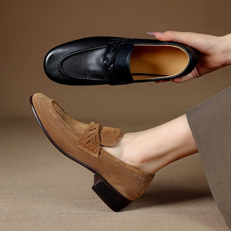 圆头粗跟橡胶胶粘工艺头层猪皮乐福鞋（豆豆鞋）,女鞋,乐福鞋（豆豆鞋）,淘宝优惠券,粉丝福利购,淘宝优惠卷