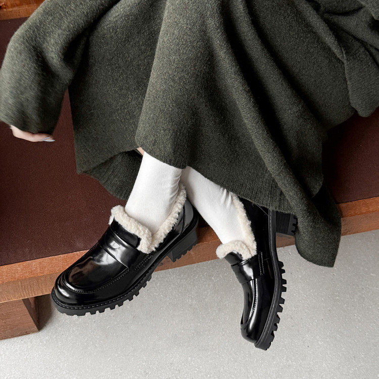 正品牛皮高端定制版圆头粗跟小皮鞋女保暖毛毛鞋绒里真皮深口单鞋