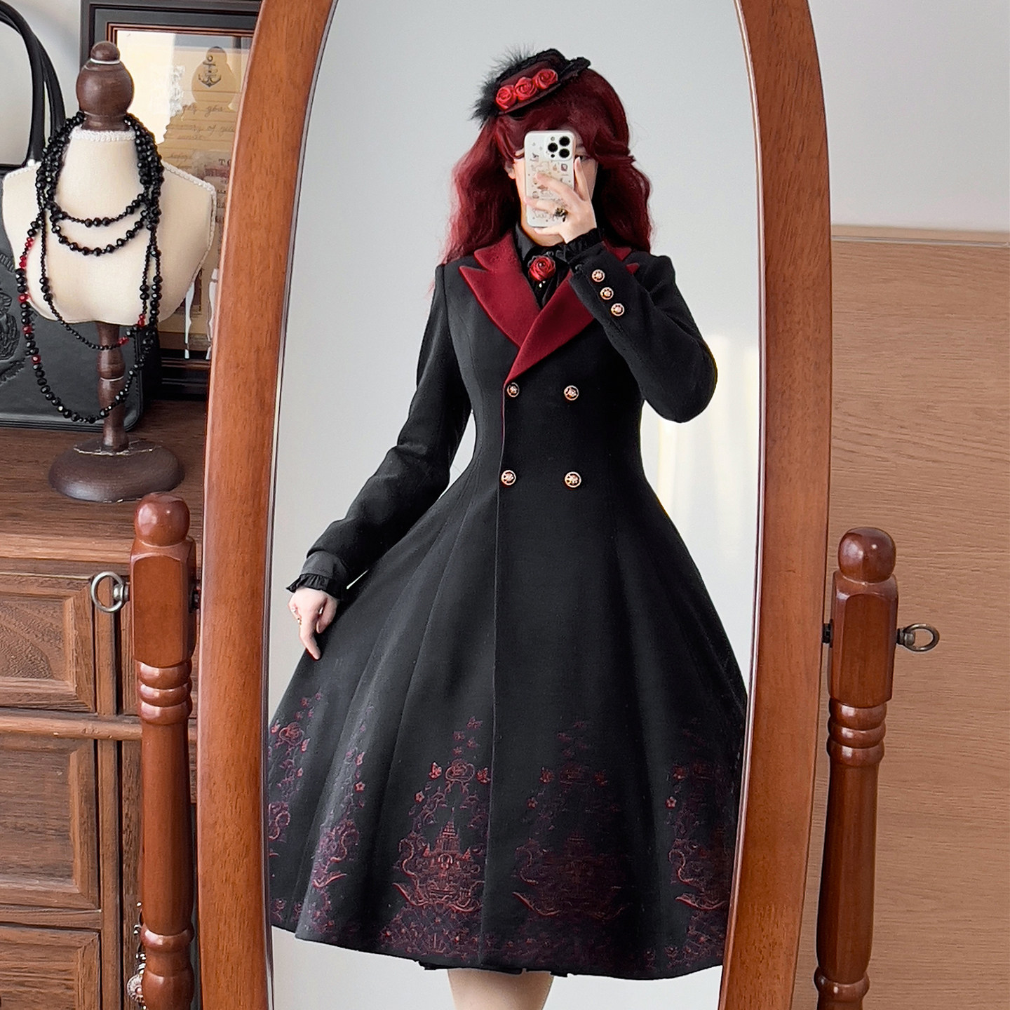 定金 铃城蝶梦 黑红呢子羊绒12片立裁修身大衣千金风法式高级感