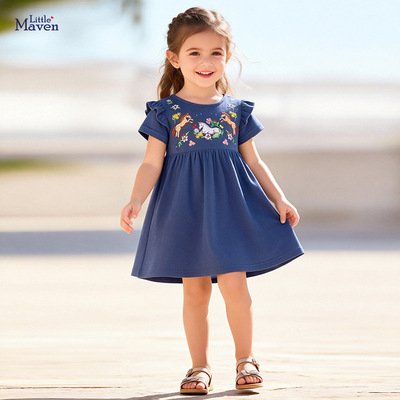Little maven新款夏季女童连衣裙 欧美风绣花儿童裙 可爱短袖裙子