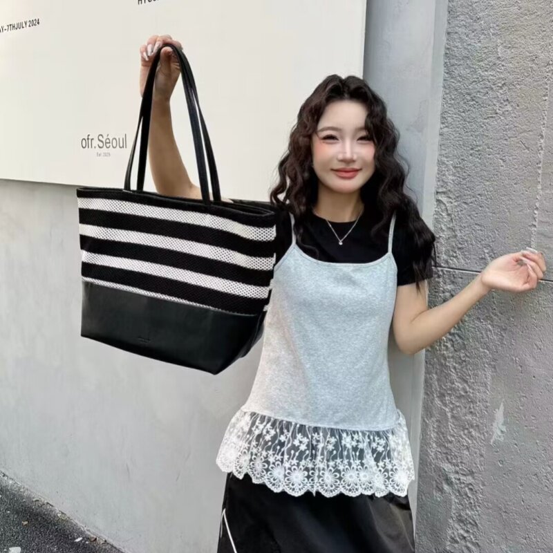 撞色通勤新款黑白条纹通勤休闲大容量手提女包时尚百搭耐磨托特包