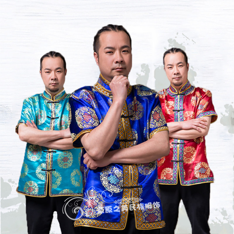 蒙古族男士半袖衫男款蒙古族生活装演出服夏季短袖服务员服装热卖图片