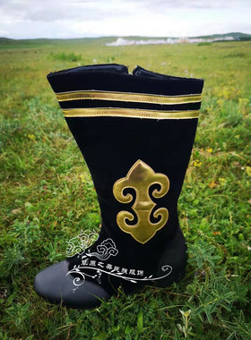 蒙古族靴子男黑色丝绒民族舞蹈皮鞋马靴少数民族服饰蒙古袍搭配