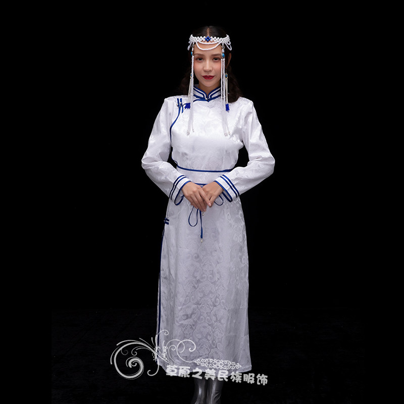 白色蒙古袍女士侧开襟演出服新品