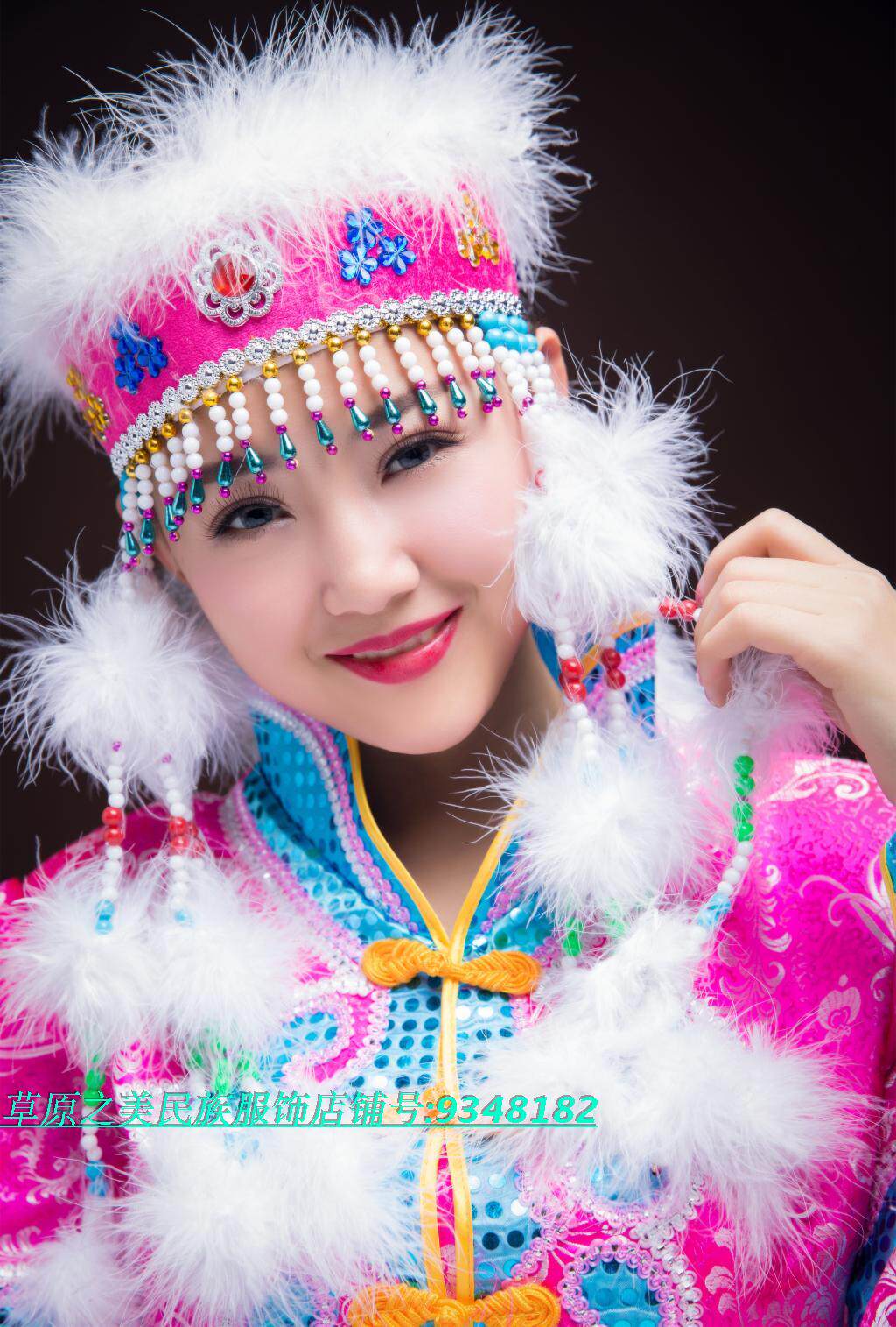 蒙古族饰品真毛香妃头饰舞蹈演出发饰蒙古袍配饰可调节无顶帽新品