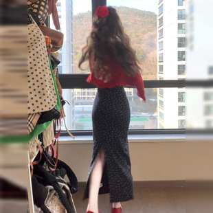 韓系開(kāi)春穿搭包臀長(zhǎng)裙套裝 黑色碎花吊帶連衣裙子女2025新款