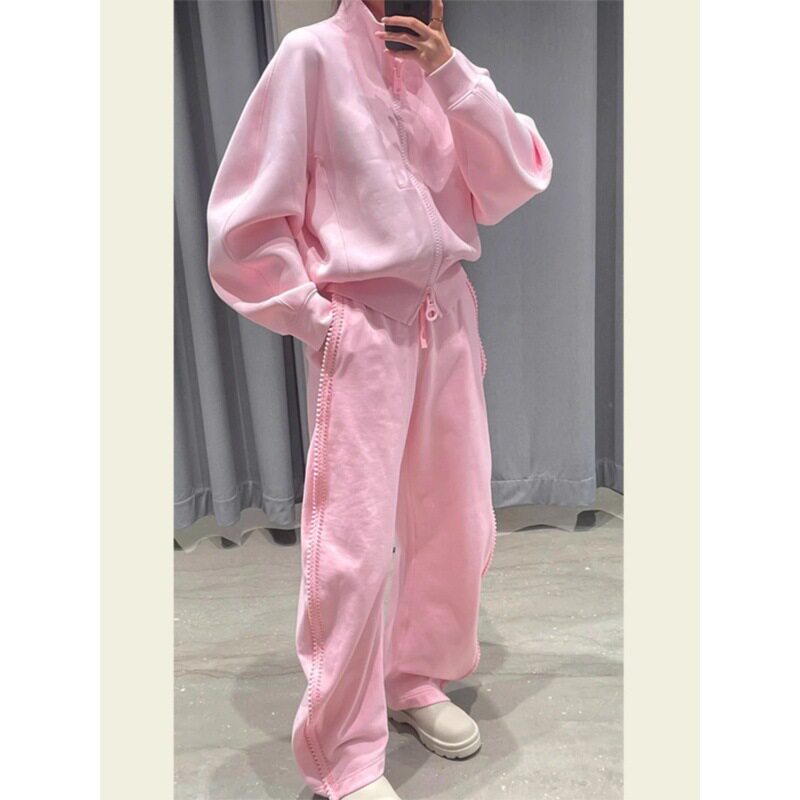 2025春季新款女装多巴胺穿搭粉色休闲运动服卫衣两件套装又a又飒