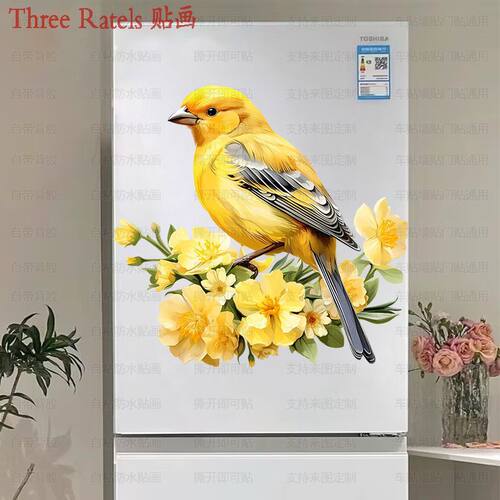 金丝雀黄色小鸟花朵自粘贴画贴墙