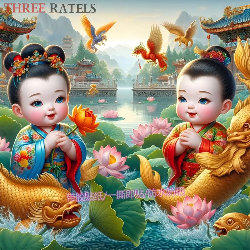 可爱龙凤娃娃鲤鱼龙年贴画贴墙室内中国风春节招财门窗装饰画海报图片
