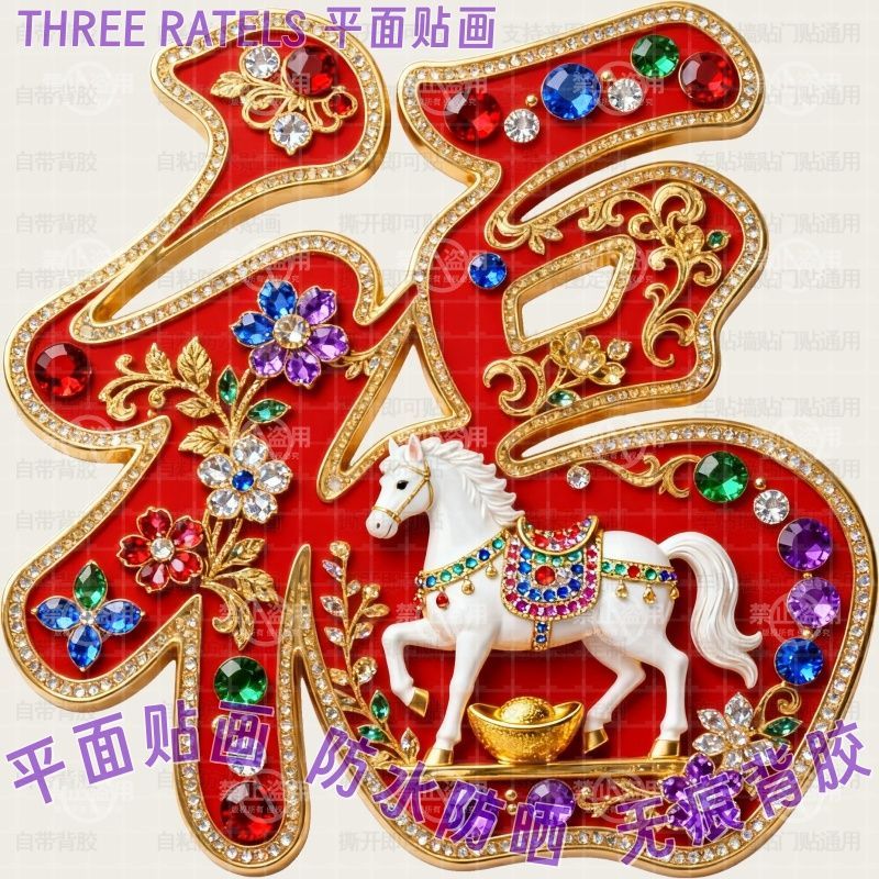 新款白马金元宝马年福字贴画新年喜庆招财大门贴纸家居背景墙装饰图片