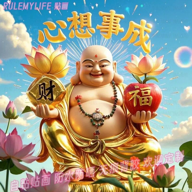 心想事成弥勒佛送福贴纸年画发财好运餐厅自贴墙上装饰画新年贴画