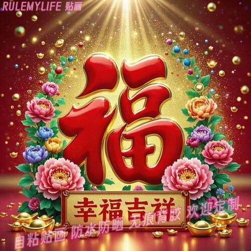 幸福吉祥创意福字贴纸富贵牡丹喜庆年画墙贴自粘装饰画过年贴墙画