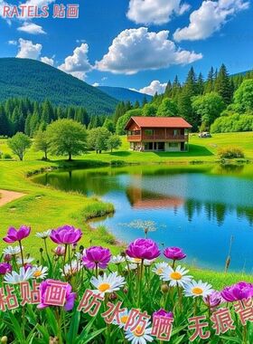 山水风景画聚财贴画湖边小屋玄关
