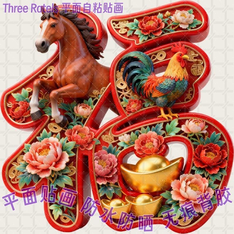 马年福字2026生肖公鸡牡丹花门贴