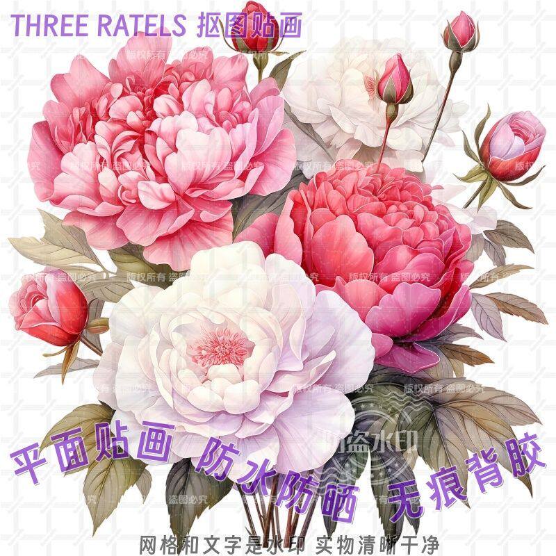 玫瑰牡丹花束图案富贵贴画抠图自贴纸家用贴花门贴装饰墙上马桶贴