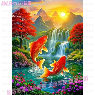 鸿运当头锦鲤金鱼贴画门窗墙贴纸客厅聚财贴饰吉祥风景自粘装饰画